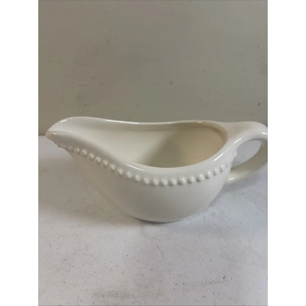 Pottery Barn Emma Gravy‎ Boat Ivory Cream Embossed Dot Edge EUC